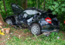 Unfallwrack eines kompakten BMW, der gegen einen Baum geprallt war.